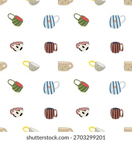 Hand-Drawn Mug Pattern on White Background — Cozy Cute Cups
