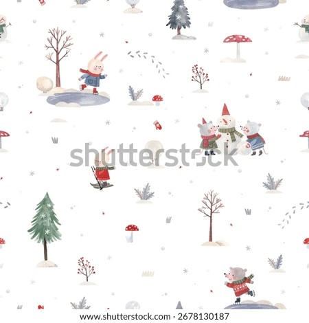 Hand-drawn naive seamless pattern with cute animals in winter forest activities. background for gift wrap and decor