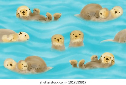 Hand-drawn otters with cubs in water. Seamless pattern