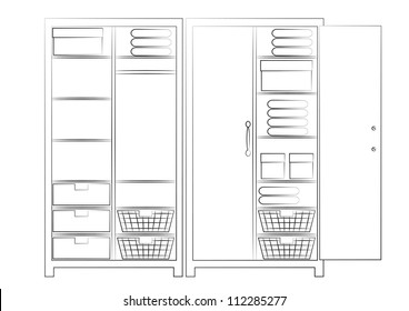 Handdrawn outline sketch of two wardrobes showing the interior design on a white background