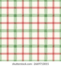 Hand-drawn plaid seamless pattern in red, green, and yellow, festive checkered background for Christmas fabric design, wrapping paper, and holiday decoration
