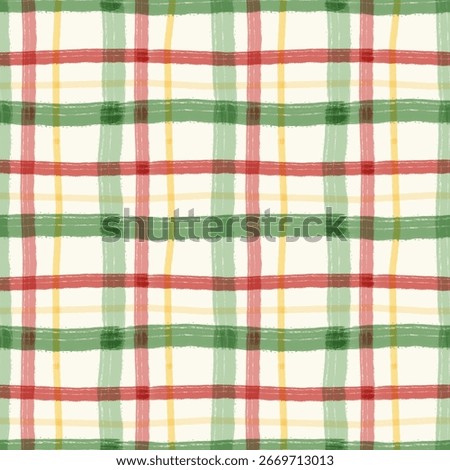 Hand-drawn plaid seamless pattern in red, green, and yellow, festive checkered background for Christmas fabric design, wrapping paper, and holiday decoration