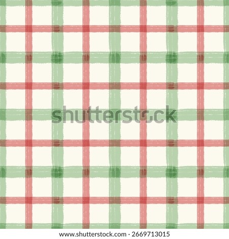 Hand-drawn plaid seamless pattern in red, green, and yellow, festive checkered background for Christmas fabric design, wrapping paper, and holiday decoration