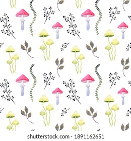 Hand-drawn red fly agarics, yellow toadstool mushrooms, green leaves. Seamless pattern isolated on white. Watercolor floral doodles in vintage style. Retro fabric, wrapping paper, wallpaper design