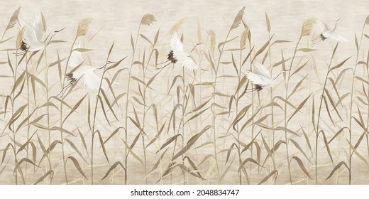 Hand-drawn reeds with flying storks. For interior printing.