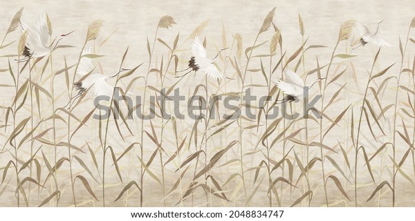 Hand-drawn reeds with flying storks. For interior printing.