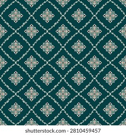 Hand-drawn Seamless Luxurious Damask Pattern with Intricate and Detailed Teal Grid Design for Elegant Furnishing Fabric