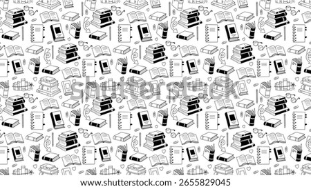 Hand-drawn seamless pattern with books, notebooks, pens, and magnifiers. Perfect for education, libraries, school supplies, and book-themed backgrounds or fabric prints.