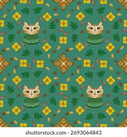 Hand-drawn seamless pattern: cat in green sweater with glasses, gifts, candy canes, trees and snowflake cookies on teal. Repeating Christmas tile