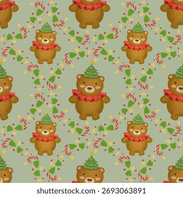 Hand-drawn seamless pattern of teddy bears wearing tree hats and scarves with holly confetti on sage green. Repeating Christmas tile for textiles and wrapping