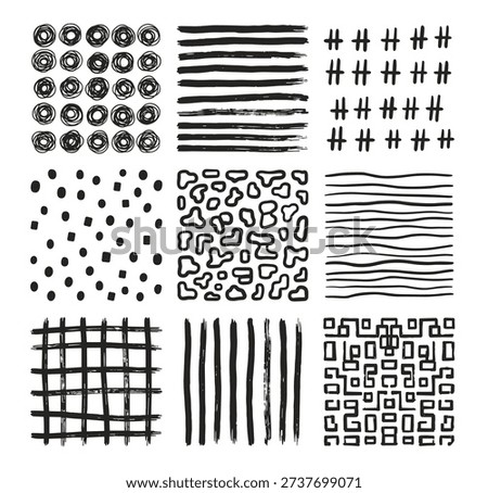 Handdrawn seamless pattern textures set, abstract geometric doodle backgrounds isolated on transparent background
