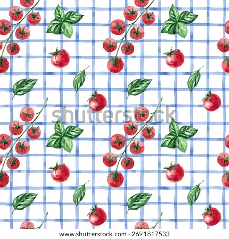 Hand-drawn seamless pattern with tomatoes, basil leaves on  blue checkered tablecloth