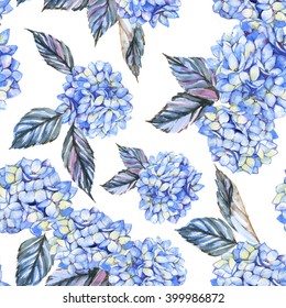 Hand-drawn seamless watercolor pattern with blue hydrangea flowers. Tender floral repeated print for wallpapers, textile etc. Summer blossom