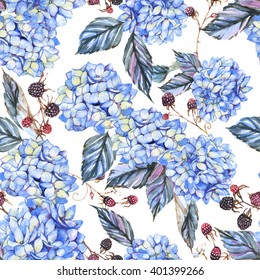 Hand-drawn seamless watercolor pattern with blue hydrangea flowers and berries. Tender floral repeated print for wallpapers, textile etc. Summer blossom 
