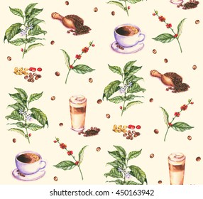 Hand-drawn Seamless Watercolor Pattern With Coffee Plant And Beans, Espresso And Latte. Coffee Repeated Background.