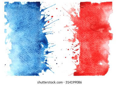 hand  drawn sketch    French flag   and the characteristic watercolor streaks   stains   splashes