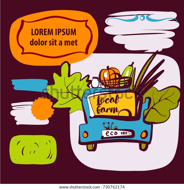 Hand-drawn sketch illustration for farm harvest
eco festival. Element design style logo with car and vegetable
basket for advertising shop,
market.
