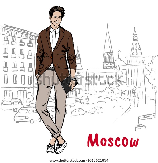 Hand-drawn sketch of man with shopping bags in\
Moscow,\
Russia