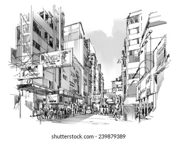hand-drawn sketch of modern city,Illustration - Shutterstock ID 239879389