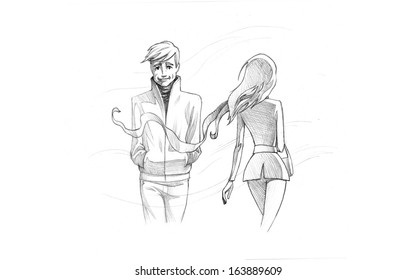 Hand-drawn Sketch, Pencil Illustration, Drawing Of Woman And Man Passing By Each Other | High Resolution