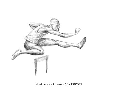 Hand-drawn Sketch, Pencil Illustration Olympic Games Athletes | Hurdling | High Resolution Scan