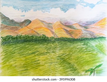 Hand  drawn sketch  travel sketchbook  hand  drawn tropical landscape  pencils landscape and clouds  mountains   the green valley  hand  drawn landscape by color pencils  pencil drawing  summer sketch