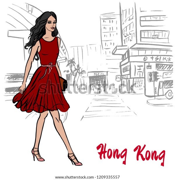 Hand-drawn sketch of women friends on Hong Kong\
street in\
China