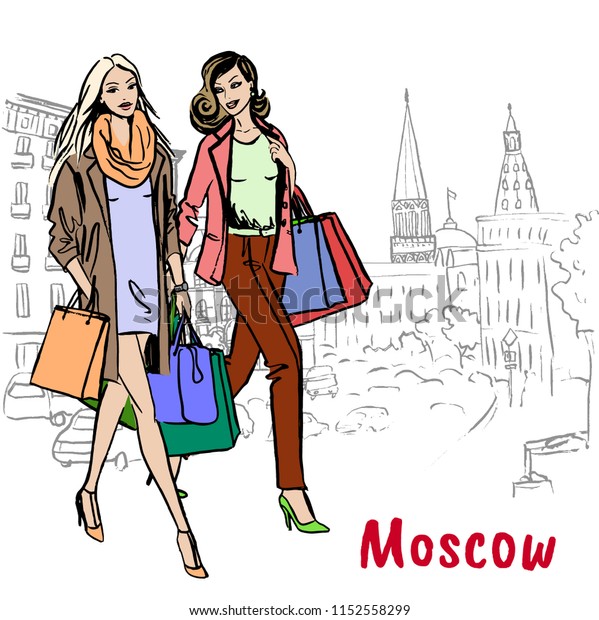 Hand-drawn sketch of women with shopping bags in\
Moscow,\
Russia