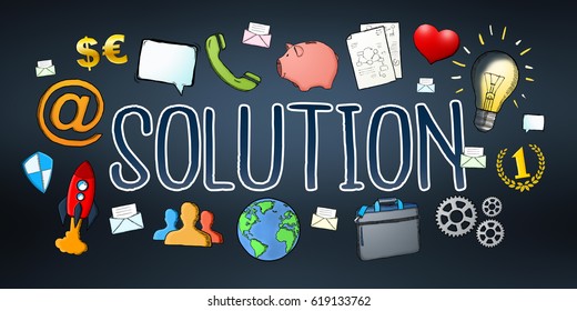 Hand-drawn solution text with icons on dark background