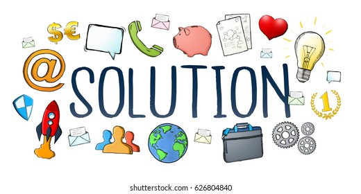 Hand-drawn solution text with icons on white background