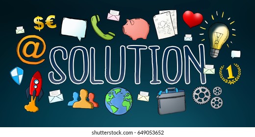 Hand-drawn solution text with icons on dark background