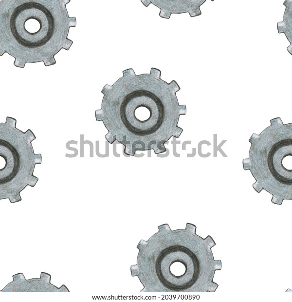 Hand-Drawn Steampunk Gear Transmission
Element Seamless Pattern on White Background. Digital Paper with
Metal Gear Illustration Drawn by Colored
Pencil.