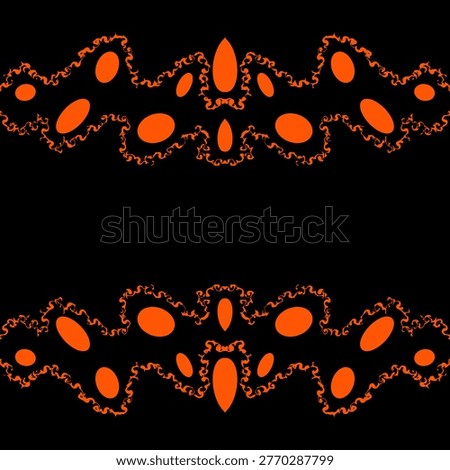 Hand-drawn Symmetrical
Composition with Bold Symmetrical Horizontal Orange Abstract Pattern Bands on Black Background with Copy Space	