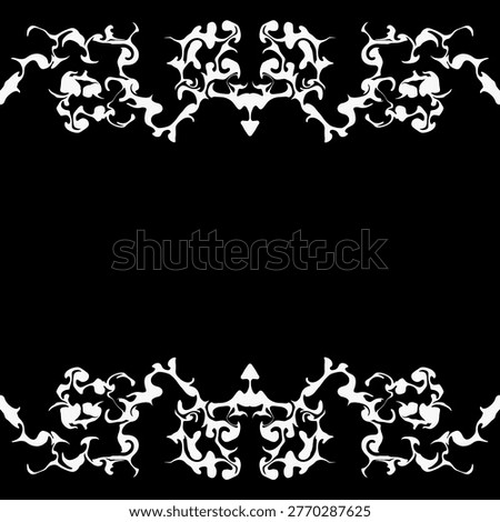 Hand-drawn Symmetrical Composition with Complex Monochrome Symmetrical Baroque and Tribal Pattern Borders on Black Background	