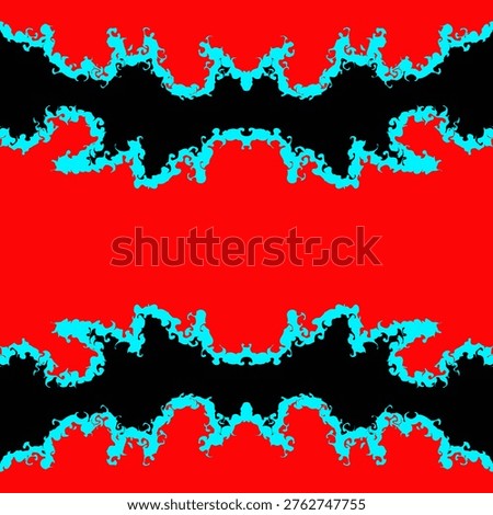 Hand-drawn Symmetrical Composition withBold Red Background with Complex Symmetrical Cyan and Black Wave Design	
