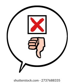 A hand-drawn thumbs-down in a speech bubble that states inaccurate information.