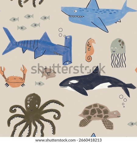 Hand-Drawn Under the Sea Seamless Pattern - Cute Ocean Animals Background