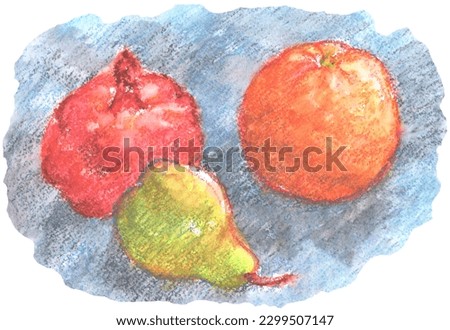 Hand-drawn using watercolor pastels illustration of pomegranate, orange and pear lying on the table