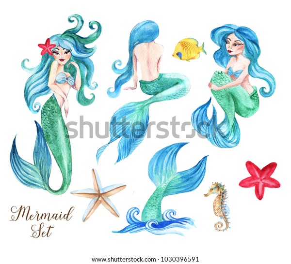 手描きの水彩美しい人魚イラストセット おとぎ話の登場人物の水中コレクション 海図 のイラスト素材