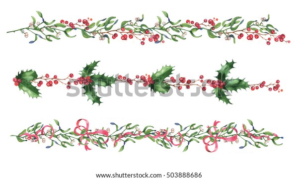 白い背景に手描きの水色のクリスマスヤドリギの枝 葉 ヒラギ ベリー 飾り付けの飾り付けの飾り付けのセット のイラスト素材