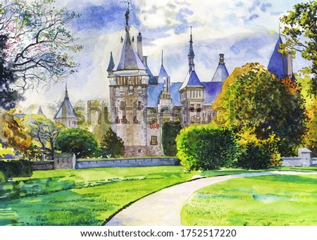 A hand-drawn watercolor drawing. Ancient castle