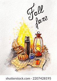 Hand-drawn Watercolor Drawing, Picnic, Autumn Fire, Bonfire.