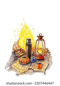 Hand-drawn Watercolor Drawing, Picnic, Autumn Fire, Bonfire.