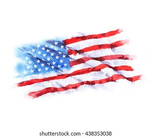 Hand-drawn watercolor flag of the USA, isolated on the white background