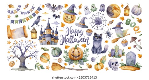 Hand-drawn watercolor halloween elements. Ghosts, halloween pumpkins, skull, candles, caramels, garland, bonbons, , autumn leaves - Powered by Shutterstock