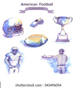 Hand-drawn watercolor illustration - American Football collection. Isolated drawing of the ball, whistle, soccer referee, football player, helmet and goblet 