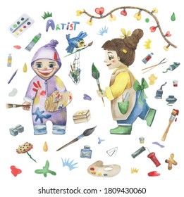 Hand  drawn watercolor illustration and artist   her tools  Paints  tubes  palettes  pencils  brushes   others  Cute character artist   artist tools isolated white