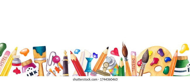 Hand-drawn watercolor illustration border  on white background with  artist's cute tools - paints, tubes, palette, pencils, brushes and others. Back to school.Bright frame  for postcard web design etc - Powered by Shutterstock