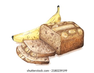 Hand-drawn watercolor illustration of chocolate banana bread. Food and drink theme. Healthy eating. Idea for cooking books, posters, blogs, postcards, print, etc.  - Powered by Shutterstock