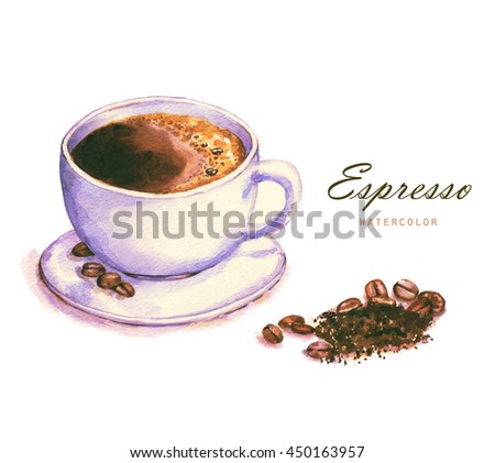 Hand-drawn watercolor illustration of the coffee. Cup of the espresso and coffee beans isolated on the white background.